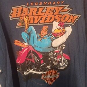 Harley-Davidson Blue Tee with Cartoon and Motorcycle